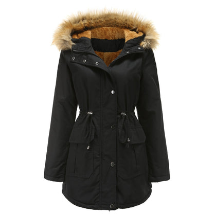 New Size Fleece Lined Coat Hooded Fur Collar Winter Warm Coat Plus Size Women Cotton-Padded Jacket - Iyanka