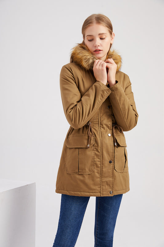 New Size Fleece Lined Coat Hooded Fur Collar Winter Warm Coat Plus Size Women Cotton-Padded Jacket - Iyanka