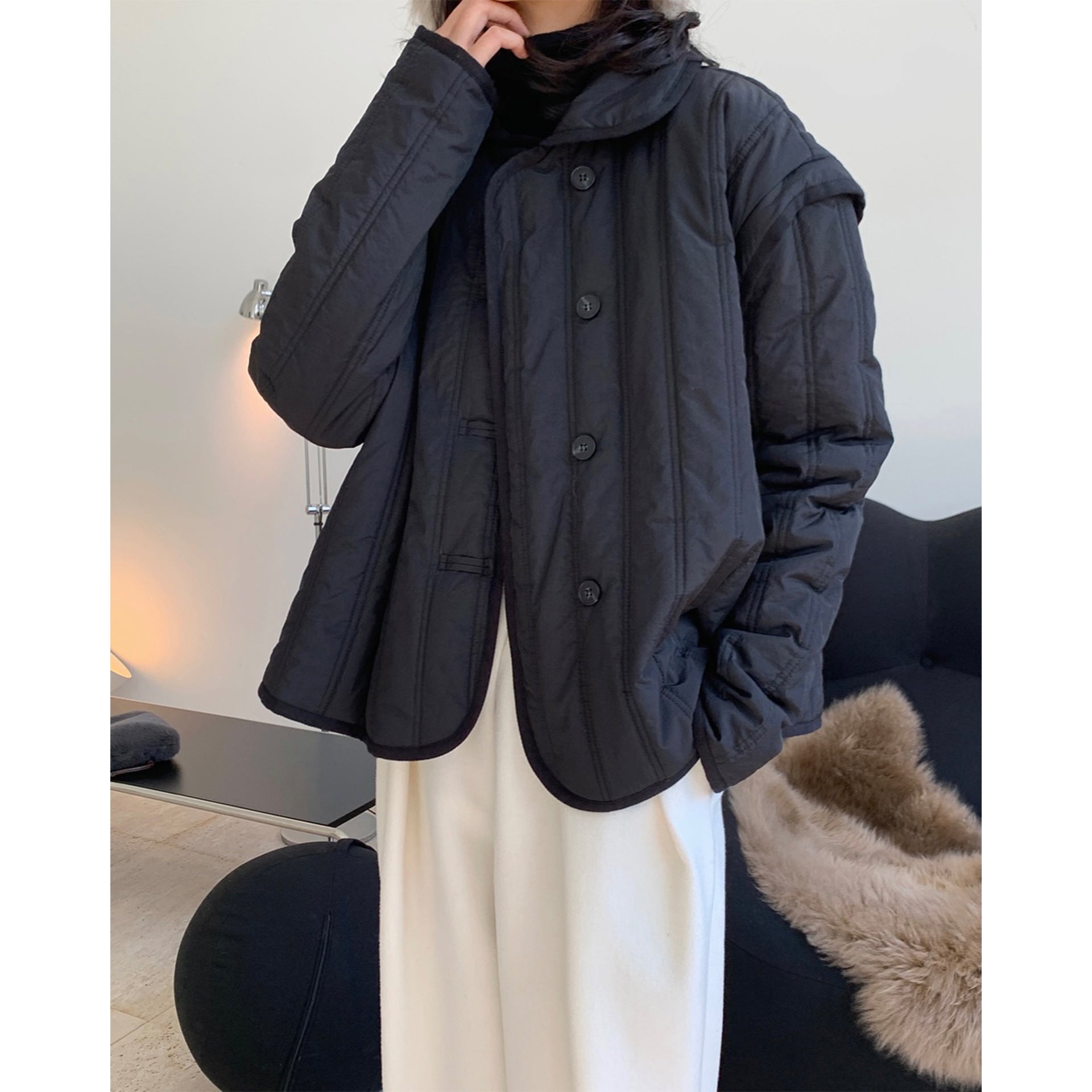 Winter Collared Cotton Padded Coat with Loop Buckle Loose Warm Comfortable Coat Women Thick - Iyanka