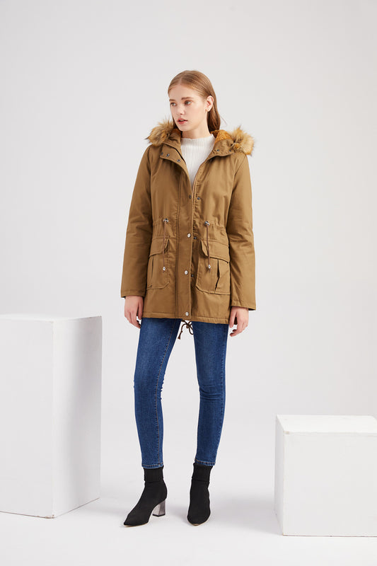 New Size Fleece Lined Coat Hooded Fur Collar Winter Warm Coat Plus Size Women Cotton-Padded Jacket - Iyanka
