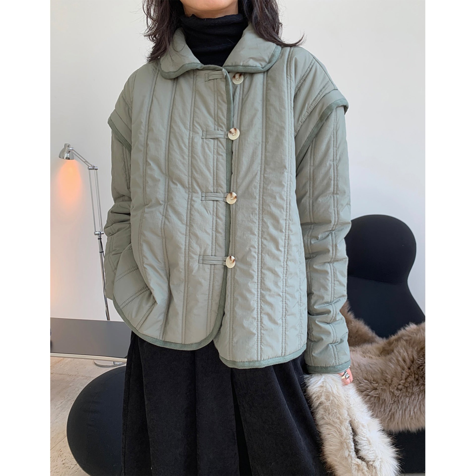 Winter Collared Cotton Padded Coat with Loop Buckle Loose Warm Comfortable Coat Women Thick - Iyanka