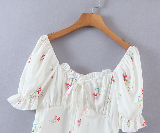 Summer Women Clothing Vintage Court French Square Collar Puff Sleeve Printing A-line Dress