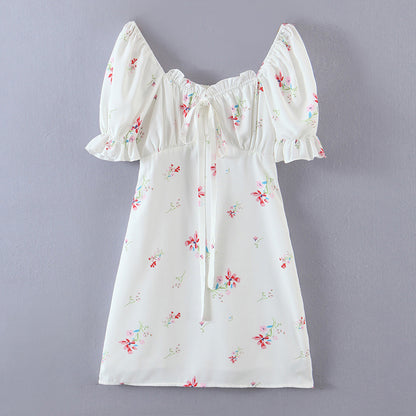 Summer Women Clothing Vintage Court French Square Collar Puff Sleeve Printing A-line Dress