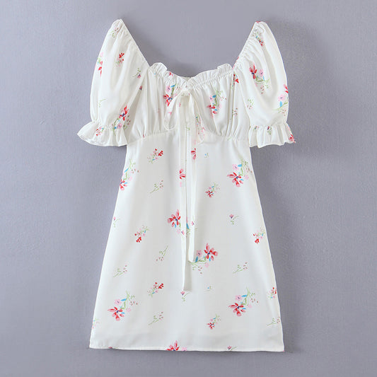 Summer Women Clothing Vintage Court French Square Collar Puff Sleeve Printing A-line Dress