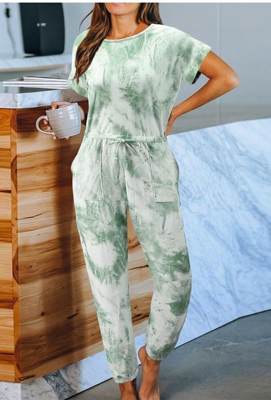 Tie-Dyed One-Piece Pajamas Women Summer Loose Short Sleeve round Neck Ladies Homewear - Iyanka