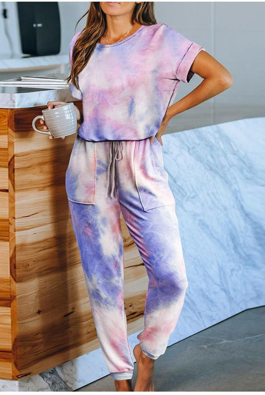 Tie-Dyed One-Piece Pajamas Women Summer Loose Short Sleeve round Neck Ladies Homewear - Iyanka