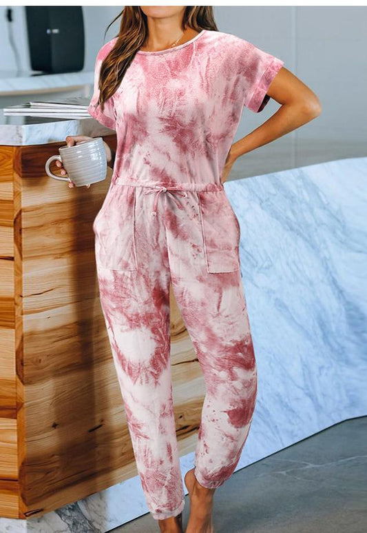 Tie-Dyed One-Piece Pajamas Women Summer Loose Short Sleeve round Neck Ladies Homewear - Iyanka