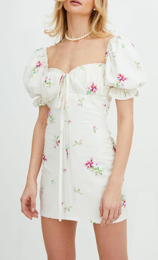 Summer Women Clothing Vintage Court French Square Collar Puff Sleeve Printing A-line Dress