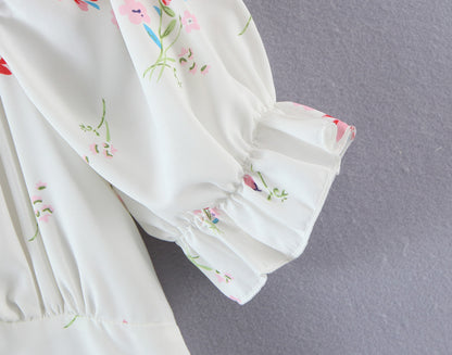 Summer Women Clothing Vintage Court French Square Collar Puff Sleeve Printing A-line Dress
