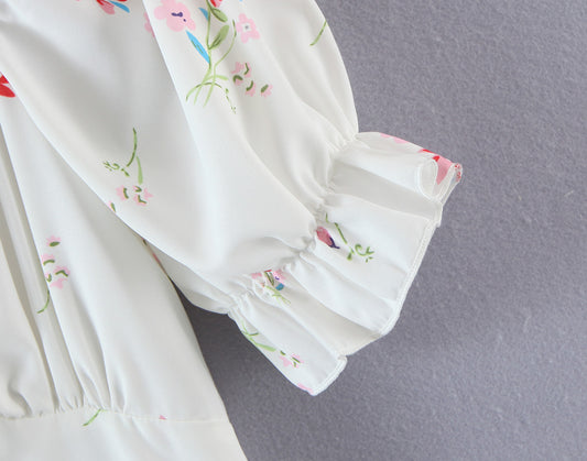Summer Women Clothing Vintage Court French Square Collar Puff Sleeve Printing A-line Dress