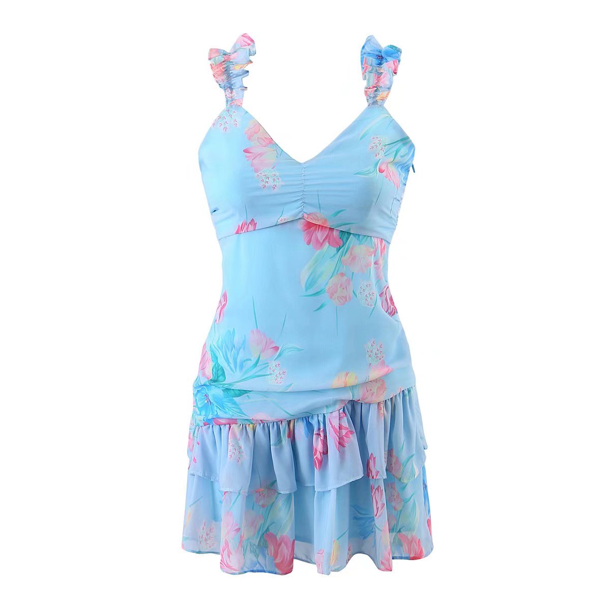 Wooden Ear Floral Print Pleated Ruffled Spaghetti Straps Dress Short Summer Women Clothing