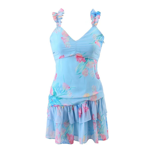 Wooden Ear Floral Print Pleated Ruffled Spaghetti Straps Dress Short Summer Women Clothing