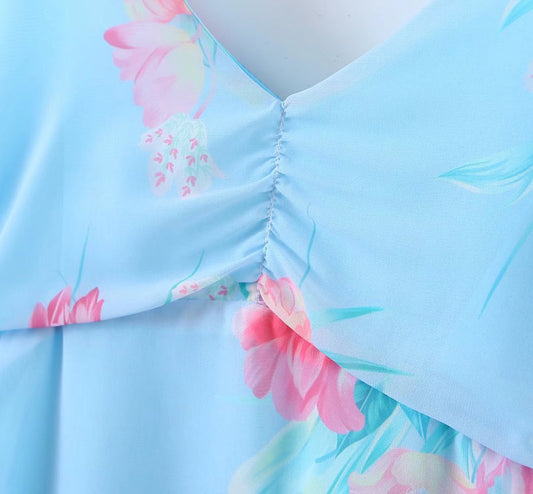 Wooden Ear Floral Print Pleated Ruffled Spaghetti Straps Dress Short Summer Women Clothing