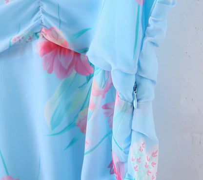 Wooden Ear Floral Print Pleated Ruffled Spaghetti Straps Dress Short Summer Women Clothing