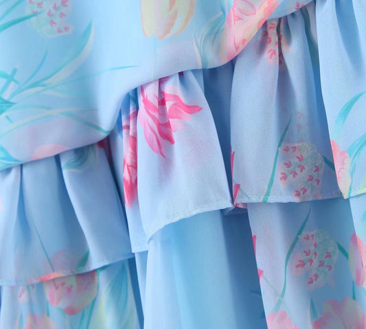 Wooden Ear Floral Print Pleated Ruffled Spaghetti Straps Dress Short Summer Women Clothing