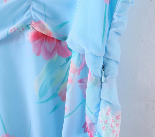 Wooden Ear Floral Print Pleated Ruffled Spaghetti Straps Dress Short Summer Women Clothing