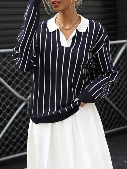 Autumn College Casual Street Trendy Polo Collar Stripes Women Sweater - Iyanka