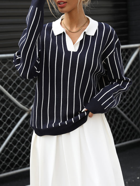 Autumn College Casual Street Trendy Polo Collar Stripes Women Sweater - Iyanka