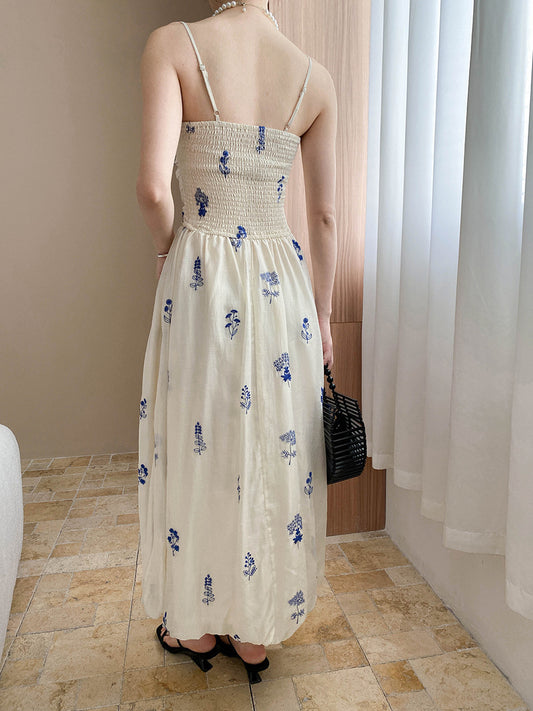 Vacation Floral Embroidery Pinch Pleated Waist Trimming Spaghetti Straps Bud Dress