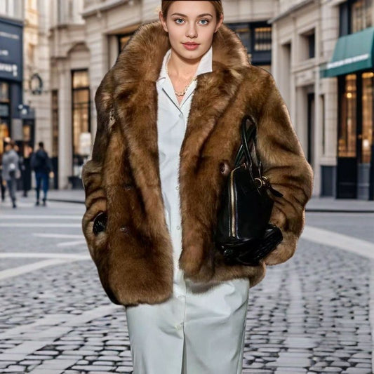 Women Fur Coat Imitated Mink Fur Collared Coat Winter Windproof Warm Loose Velvet Trench Coat plus Size - Iyanka