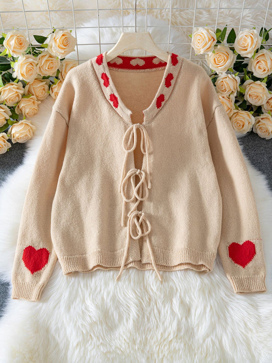 Outer Wear Stitching Sweater Coat Lace up Love Jacquard Knitted Cardigan Women - Iyanka