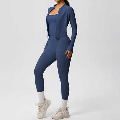 Skinny Yoga Pants High Waist Nude Feel Camisole Sports Zip Long Sleeve Coat Workout Clothes Three Piece Set - Iyanka