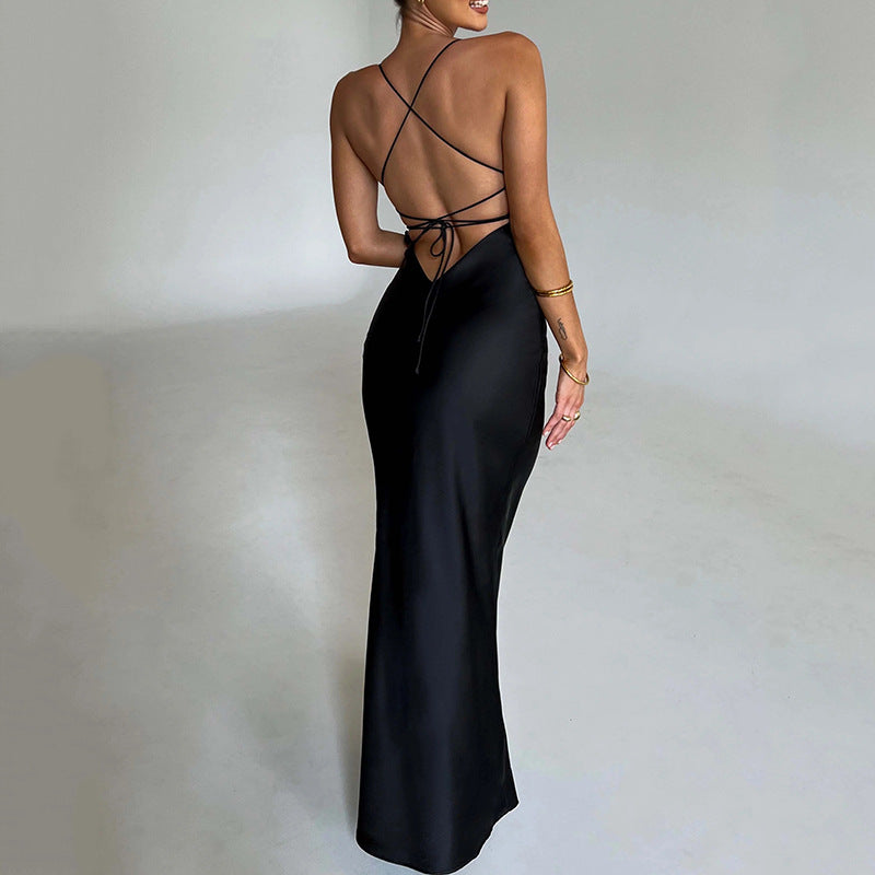 Women Clothing Sexy Strap Satin Dress Autumn Backless Lace up Waist Controlled Maxi Dress - Iyanka