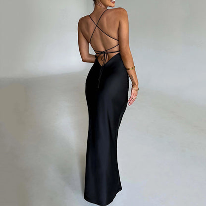 Women Clothing Sexy Strap Satin Dress Autumn Backless Lace up Waist Controlled Maxi Dress - Iyanka