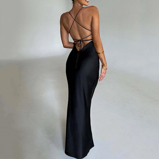 Women Clothing Sexy Strap Satin Dress Autumn Backless Lace up Waist Controlled Maxi Dress - Iyanka
