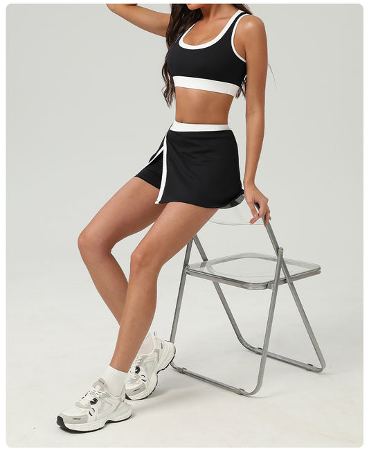 Contrast Color Sports Bra Tennis Skirt Set Women Quick Drying Anti Emptied Pantskirt Sports Set - Iyanka