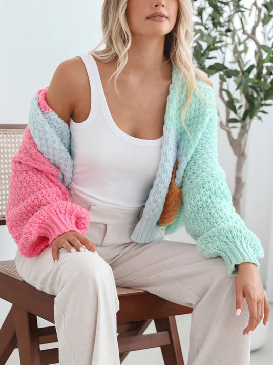 Idle Knitted Pocket Sweater Cardigan Coat Women Thick Needle Contrast Color Single Breasted V neck Top - Iyanka