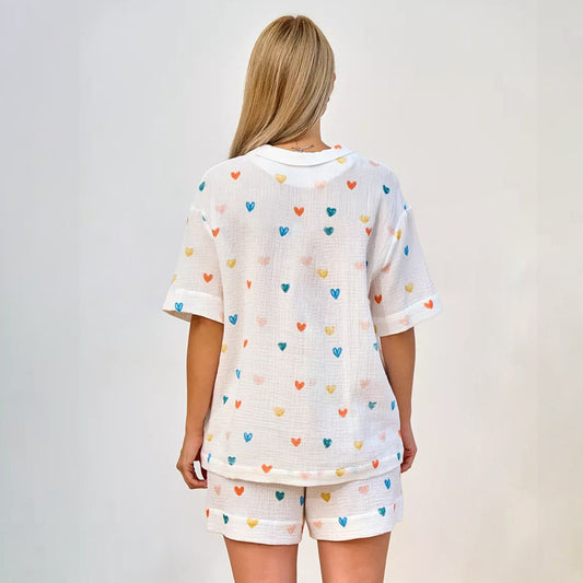 Summer Layer Crepe Heart Printing Pajamas Two Piece Cardigan Half Sleeve Shorts Women Homewear - Iyanka