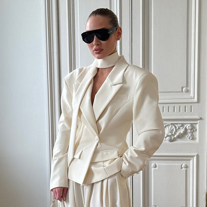 Ribbon Waist Tight Blazer for Women Autumn Winter Office Coat Short Blazer - Iyanka