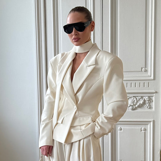 Ribbon Waist Tight Blazer for Women Autumn Winter Office Coat Short Blazer - Iyanka
