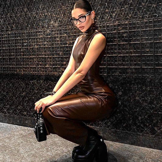 Women Clothing Turtleneck Faux Leather Sleeveless Waist Sheath Split Dress Women Dress - Iyanka