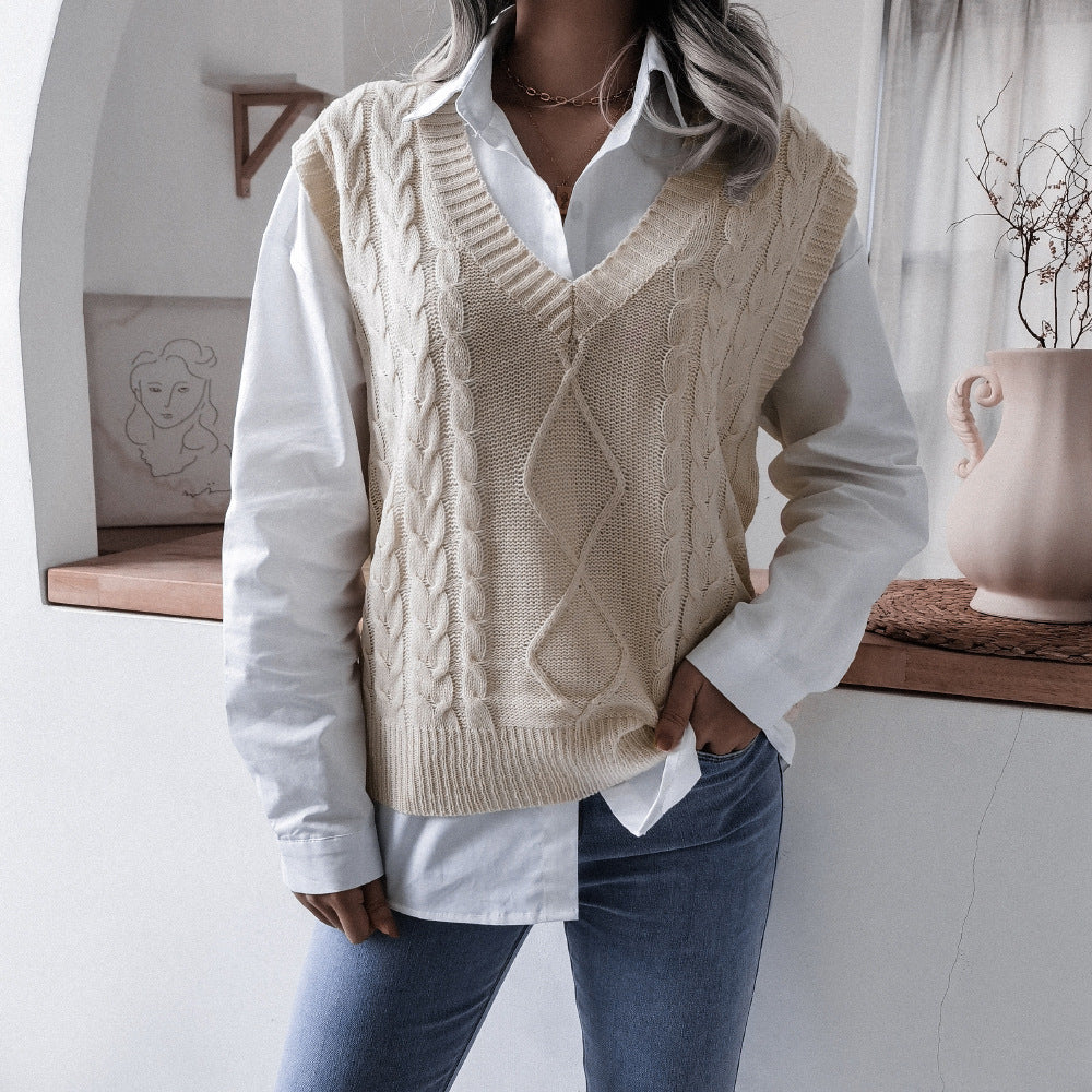 Autumn Winter V neck Twist Casual Loose Knitted Vest Sweater Waistcoat Women Clothing - Iyanka