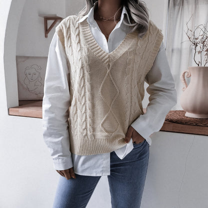 Autumn Winter V neck Twist Casual Loose Knitted Vest Sweater Waistcoat Women Clothing - Iyanka