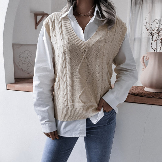 Autumn Winter V neck Twist Casual Loose Knitted Vest Sweater Waistcoat Women Clothing - Iyanka