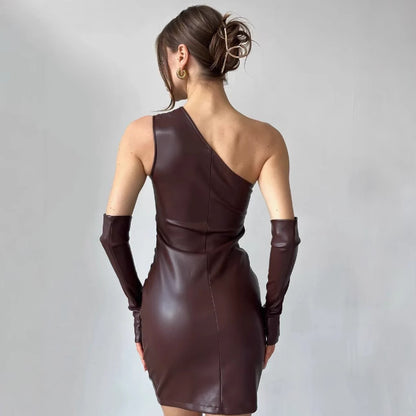 Faux Leather Dress Street Hipster Women Clothing Diagonal Collar Sleeveless Oversleeve Tight Waist Sheath Dress - Iyanka