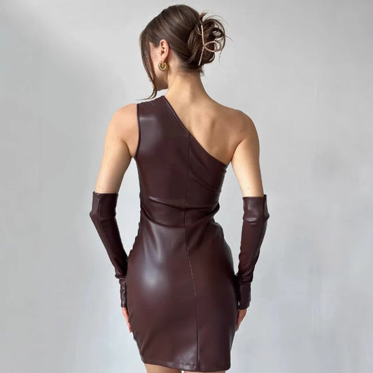 Faux Leather Dress Street Hipster Women Clothing Diagonal Collar Sleeveless Oversleeve Tight Waist Sheath Dress - Iyanka