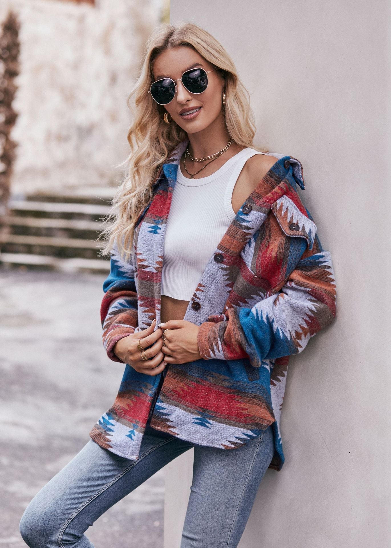 Women Autumn Winter Aztec Geometric Abstract Jacket Shirt Collared Woolen Coat - Iyanka