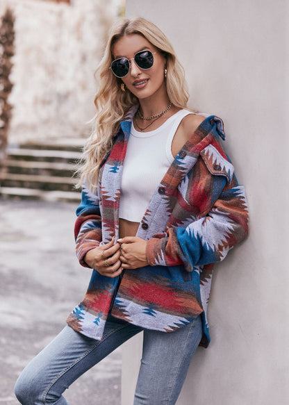 Women Autumn Winter Aztec Geometric Abstract Jacket Shirt Collared Woolen Coat - Iyanka