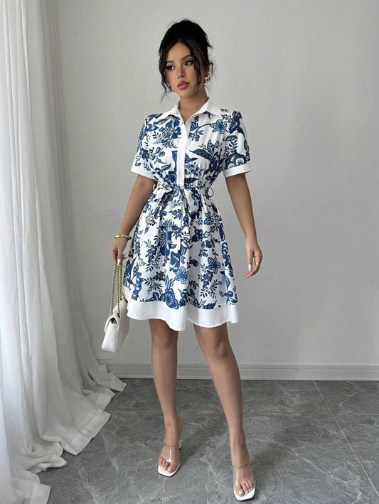 Women Clothing Summer Printing Lace up Waist Single Breasted Dress
