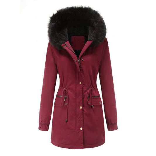 Autumn Winter Parka Women Fleece Lined Coat Women with Fur Collar Hooded Warm Jacket Loose Cotton Coat Plus Size - Iyanka