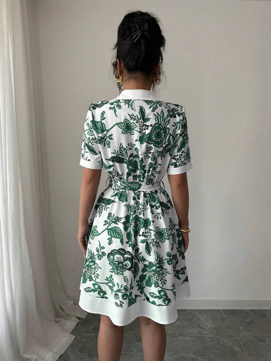 Women Clothing Summer Printing Lace up Waist Single Breasted Dress