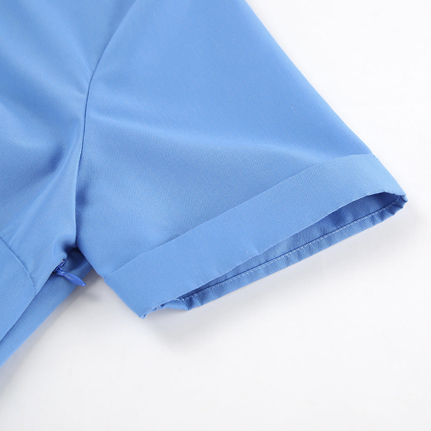 Spring Summer Casual Vitality Blue Collared Short Sleeve Slim Fit Sexy Design Dress Niche Office Dress