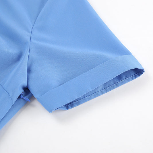 Spring Summer Casual Vitality Blue Collared Short Sleeve Slim Fit Sexy Design Dress Niche Office Dress