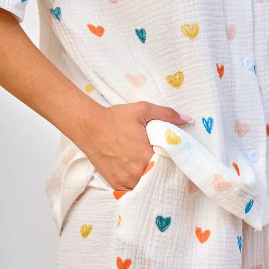 Summer Layer Crepe Heart Printing Pajamas Two Piece Cardigan Half Sleeve Shorts Women Homewear - Iyanka