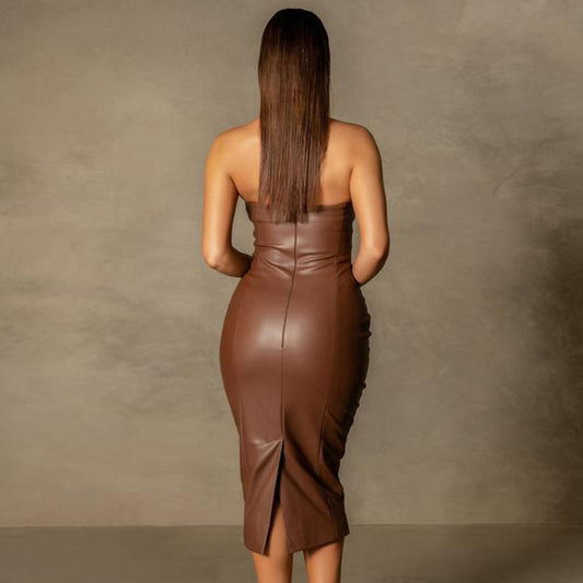 Autumn Winter Solid Color Faux Leather Elegant Slim-Fit Tube Top Back Slit Sexy Midi Dress - Iyanka