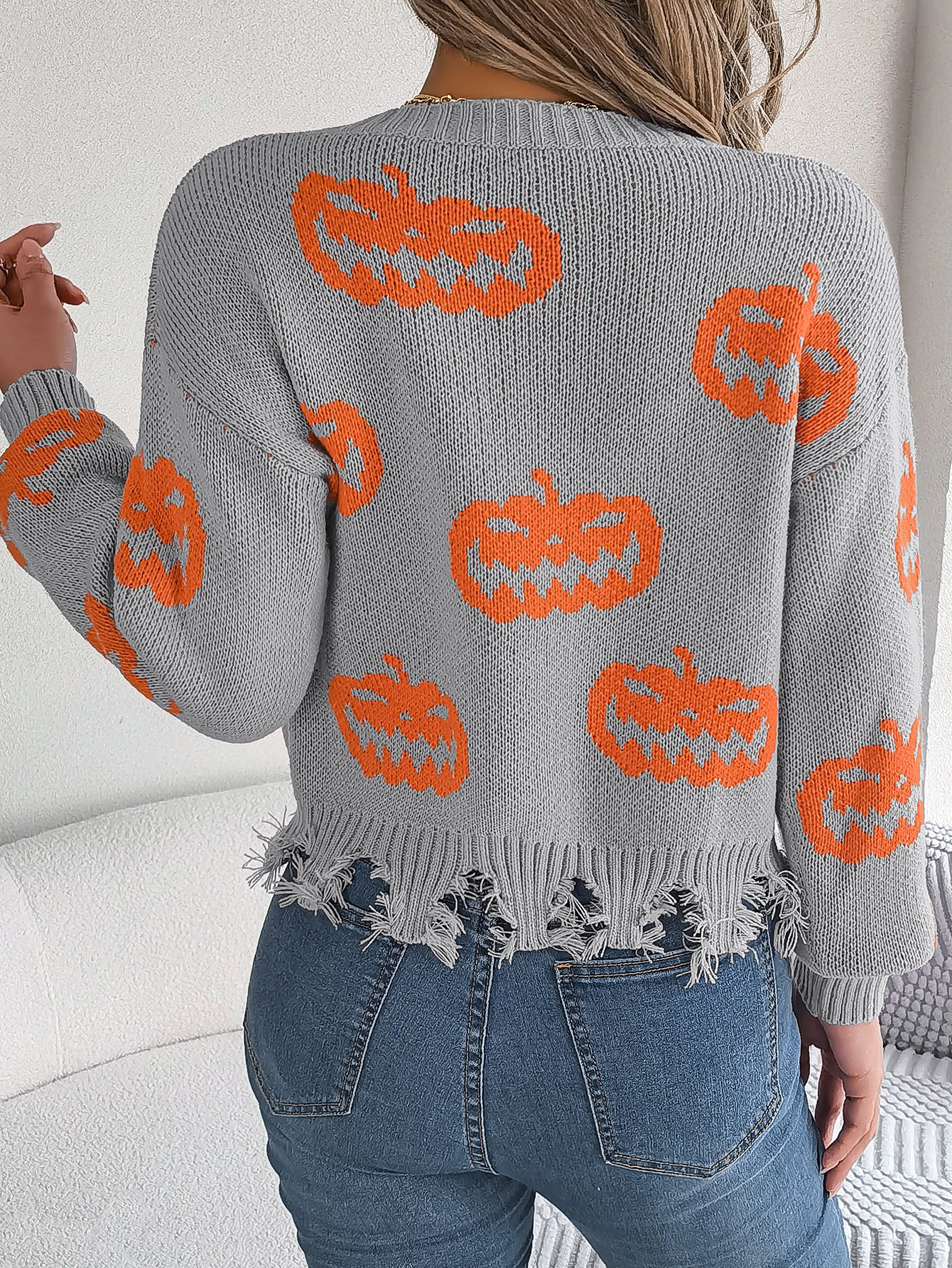 Autumn Winter Halloween Contrast Color Pumpkin Cut Rotten Long Sleeve Pullover Women Clothing - Iyanka